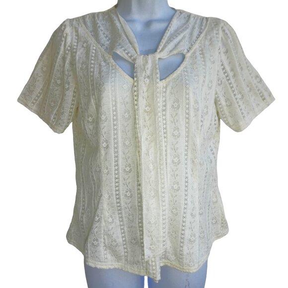 Unique Vintage Ivory Nylon Floral Lace Neck Tie Bow Short Sleeve Stretch M 6-8 - Picture 3 of 6